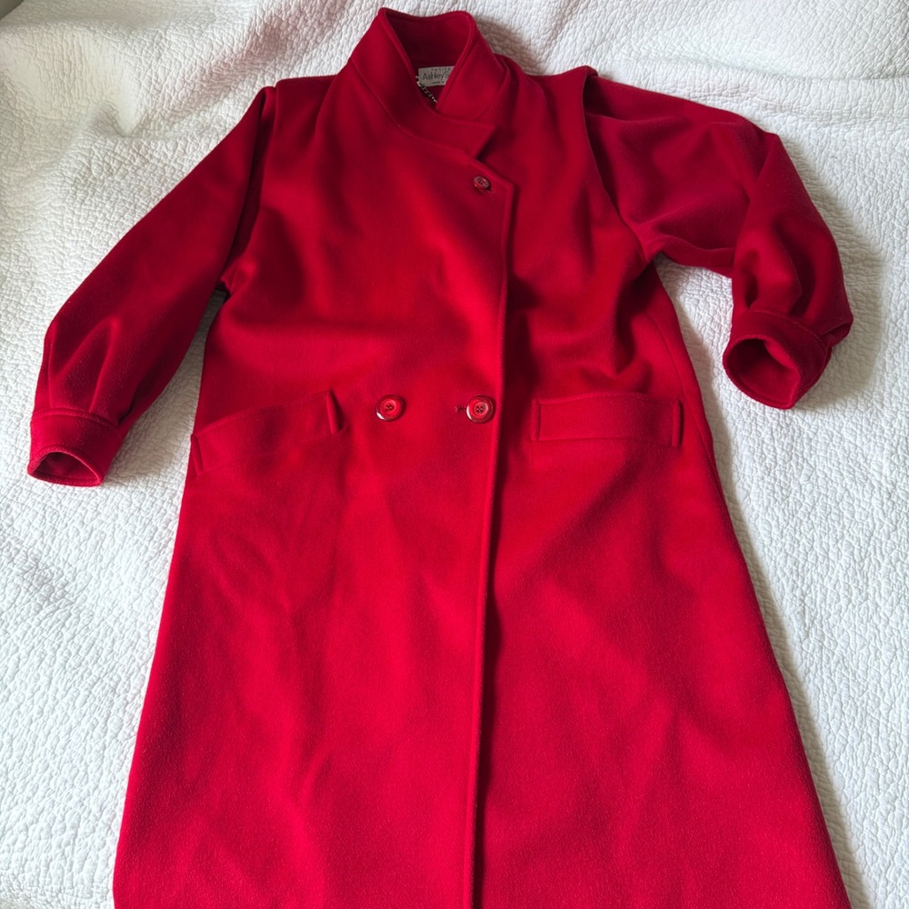 Vintage Red Wool Coat Petite M/L Double Breasted Midi Made In USA 80s 90s - Picture 14 of 14